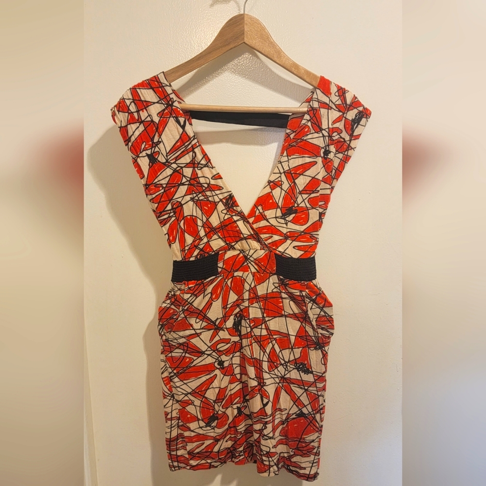 Abstract Minidress with *Pockets* and Elastic Waistband, Size S